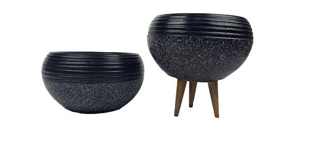 Ev Dekorasyon  Siyah Granit Küp Aranjman Saksı Saksılık Salon Çiçeklik İkili Set (Ayaksız-3 Ayaklı)